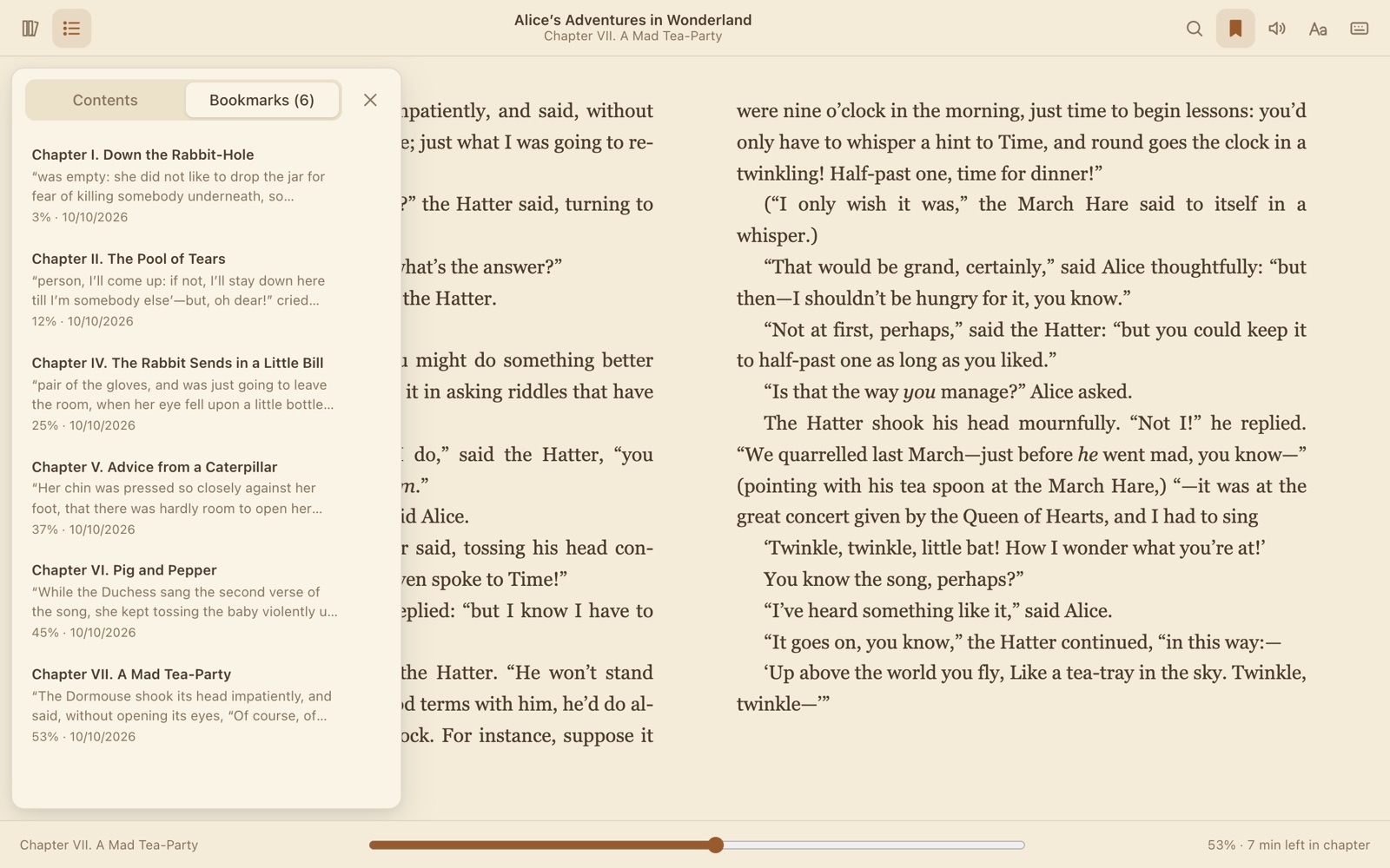 Alice's Adventures in Wonderland in the sepia theme with a list of six bookmarks
