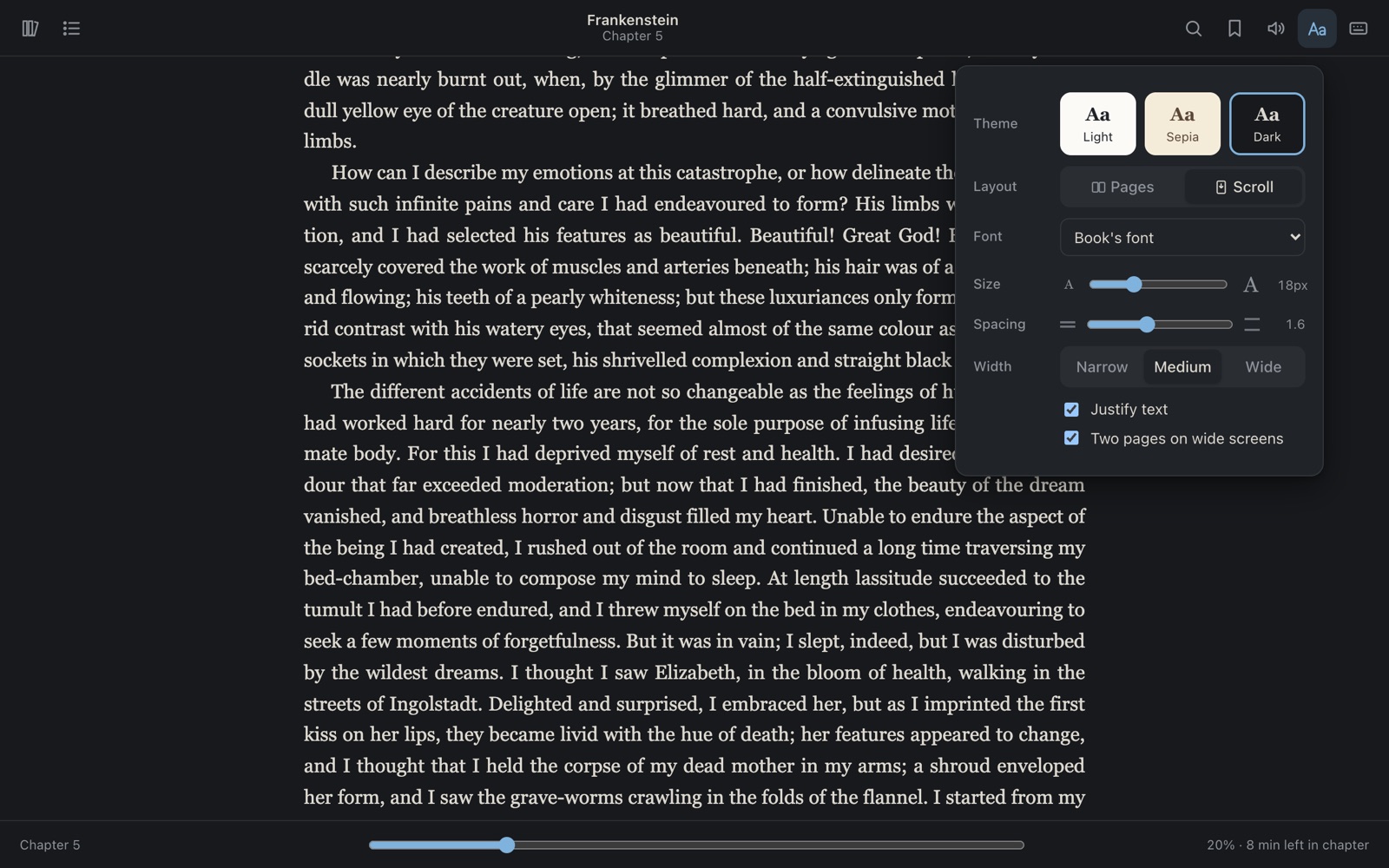 Frankenstein in the dark theme and scroll mode with the appearance panel open