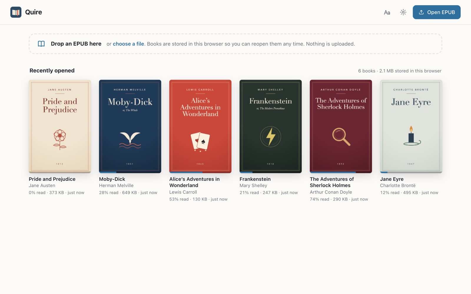 The Quire library with six books, their covers and reading progress, stored in this browser
