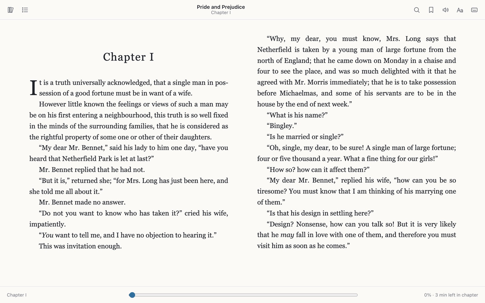 Pride and Prejudice open in Quire as a two-page spread, after clicking a link to pride-and-prejudice.epub