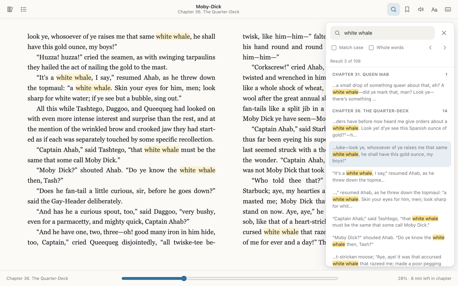 Searching Moby-Dick for “white whale”: 108 results grouped by chapter, highlighted on the page
