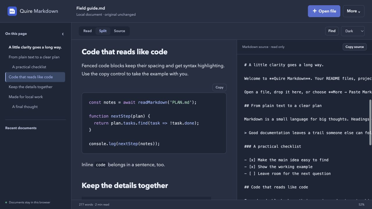Quire Markdown in its dark theme, with rendered content beside the original Markdown source.