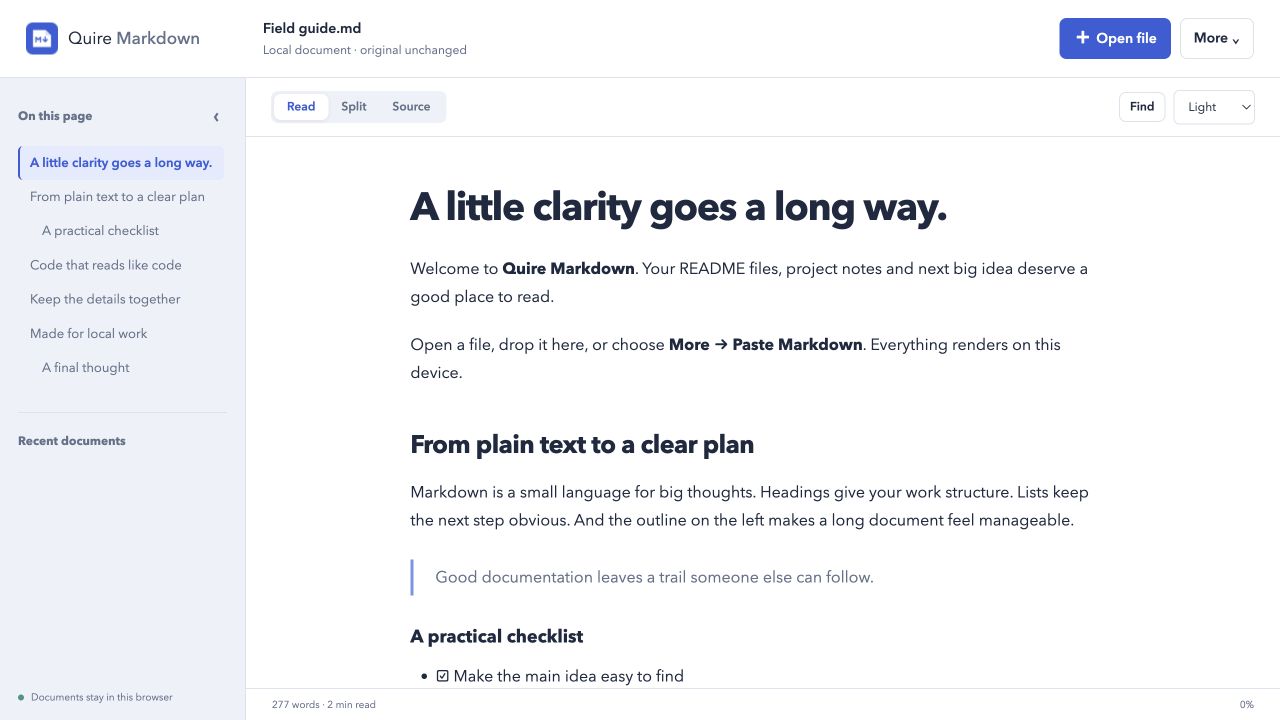 Quire Markdown showing a rendered field guide, a heading outline and controls for reading, source view, find and theme.